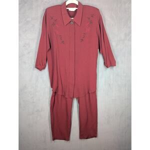 Women's 2-Piece Pride & Joy Pants Suit Size 16M Red Embroidered Flowers